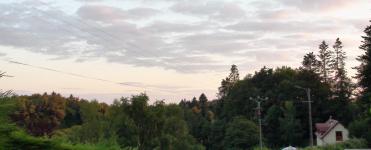           
   Vue de la forêt depuis le bout du village. Les nuages, dans le ciel du soir donnent un aspect féérique.        